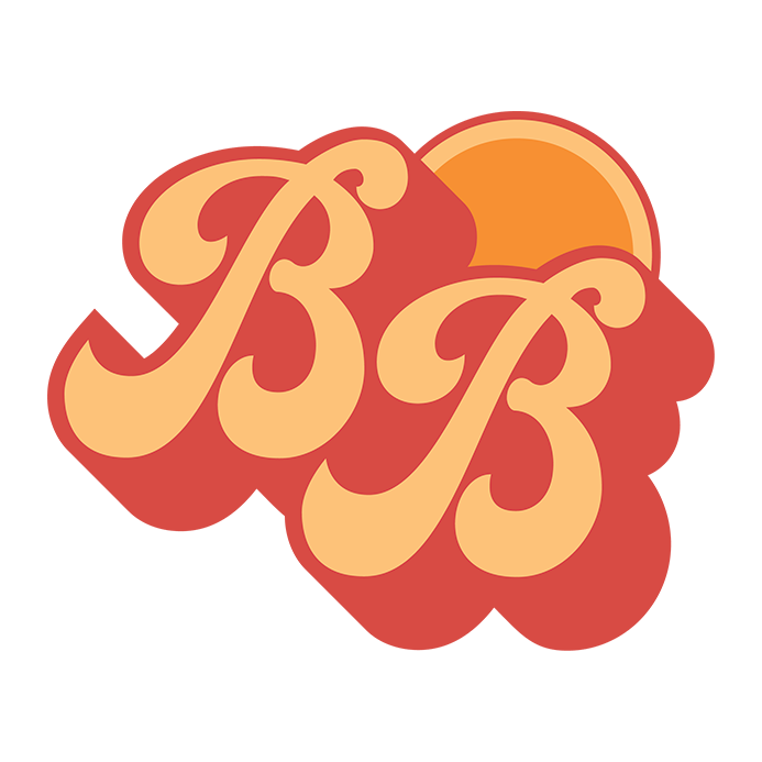 Vintage-style logo with stylized letters 'BB' in sand-color on a red background featuring an orange sun element setting behind the letters.