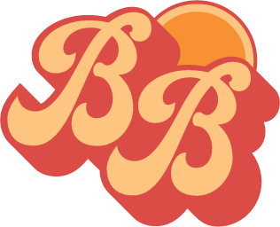 Illustration of stylized letters 'BB' with an orange circle sun setting into the background.