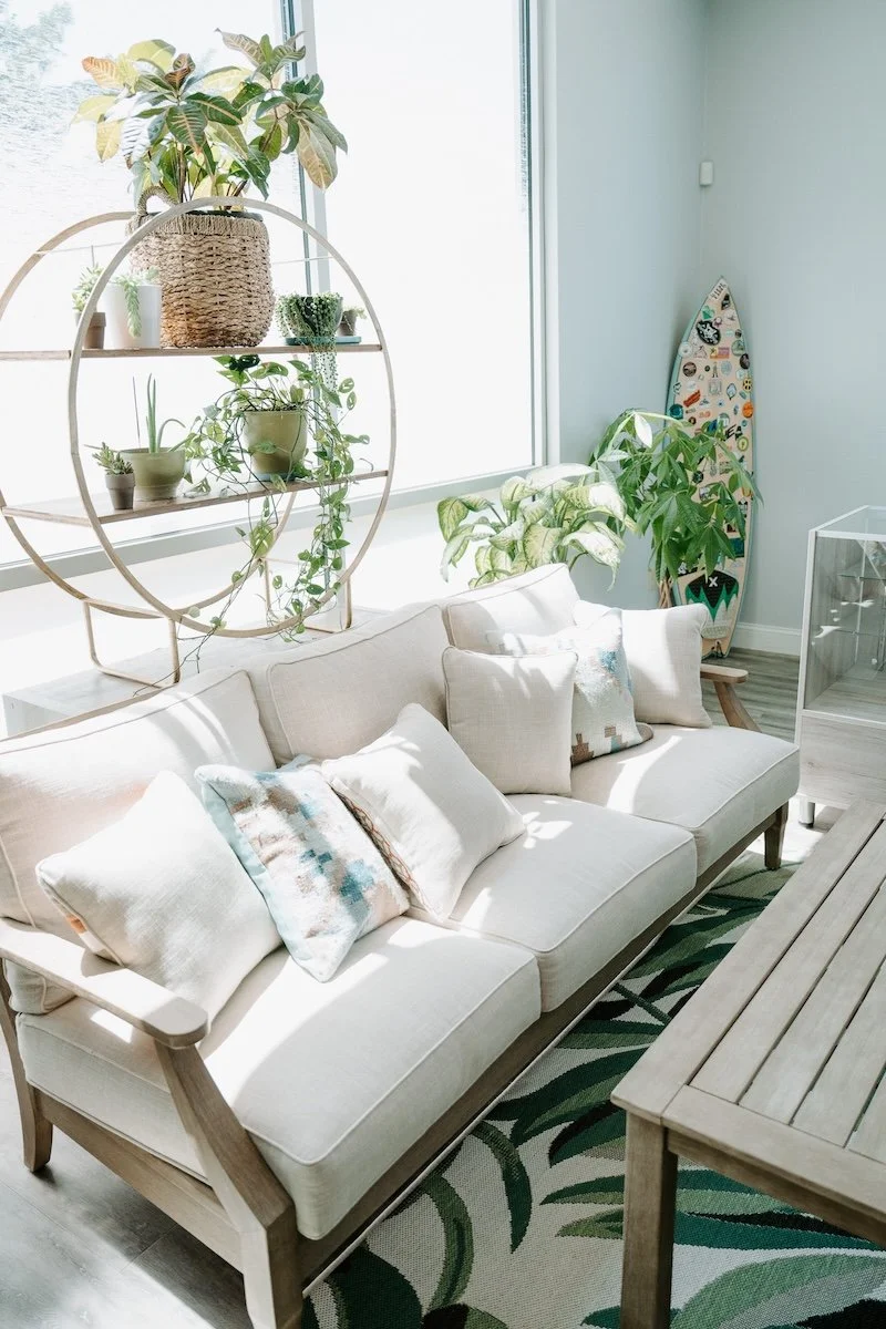 Modern interior of Beach Boys Beach Club in South Portland, Maine, featuring comfortable seating, coastal décor, and a thoughtfully designed retail experience. Visit our recreational weed shop for premium flower, prerolls, vape cartridges, edibles, c