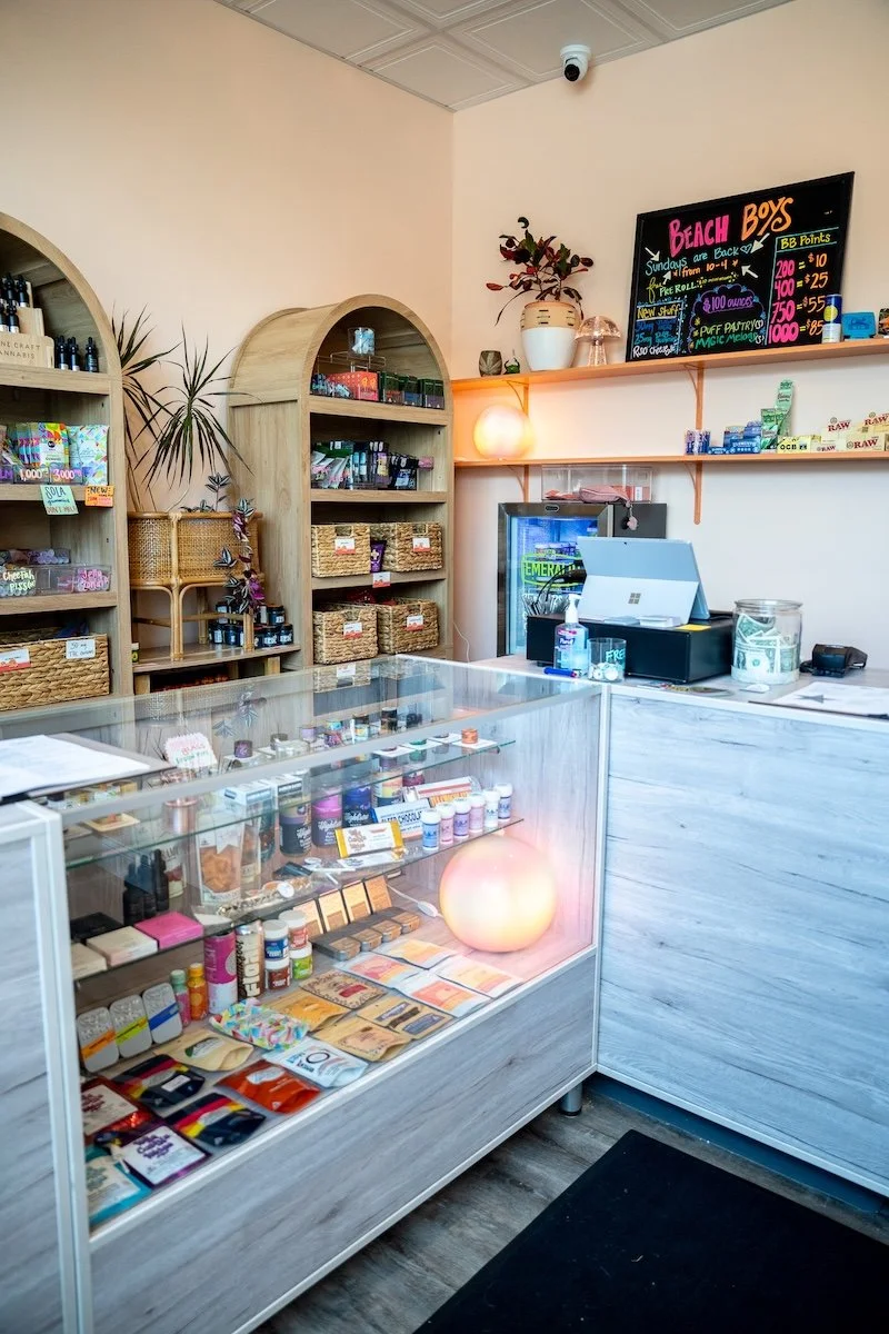 Medical cannabis product display at Beach Boys Cannabis Co. in South Portland featuring premium flower, concentrates, edibles, disposable vapes, cartridges, tinctures, and topicals from some of Maine's leading cannabis cultivators and manufacturers.