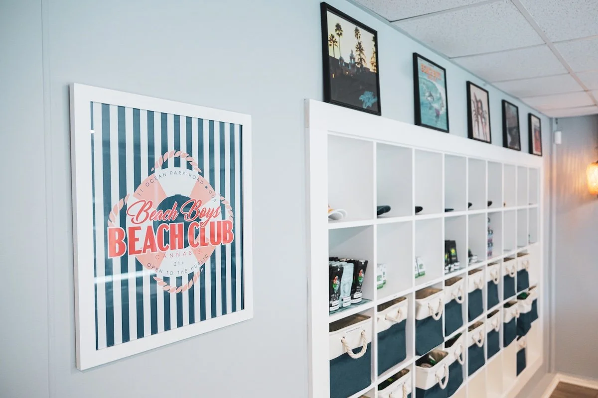 Recreational cannabis product display inside Beach Boys Beach Club in Old Orchard Beach featuring premium flower, live rosin, concentrates, disposable vapes, edibles, and products from Maine's top cannabis growers. Visit our adult-use dispensary for 