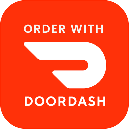 Bright red, icon that has the words, in white, "Order With," and contains the DoorDash swoop logo with the word "DoorDash" below it.