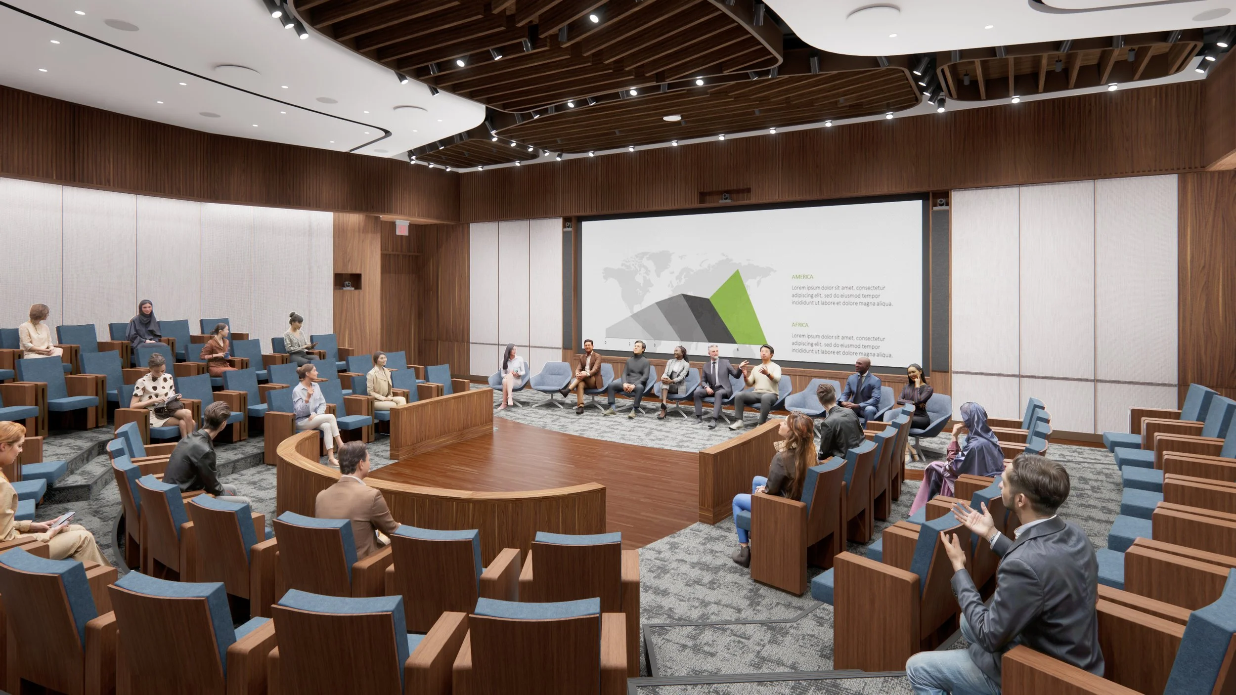 Audience View of the Auditorium Configured with (10) Lounge Seats for Symposium (Blackboard Concealed)