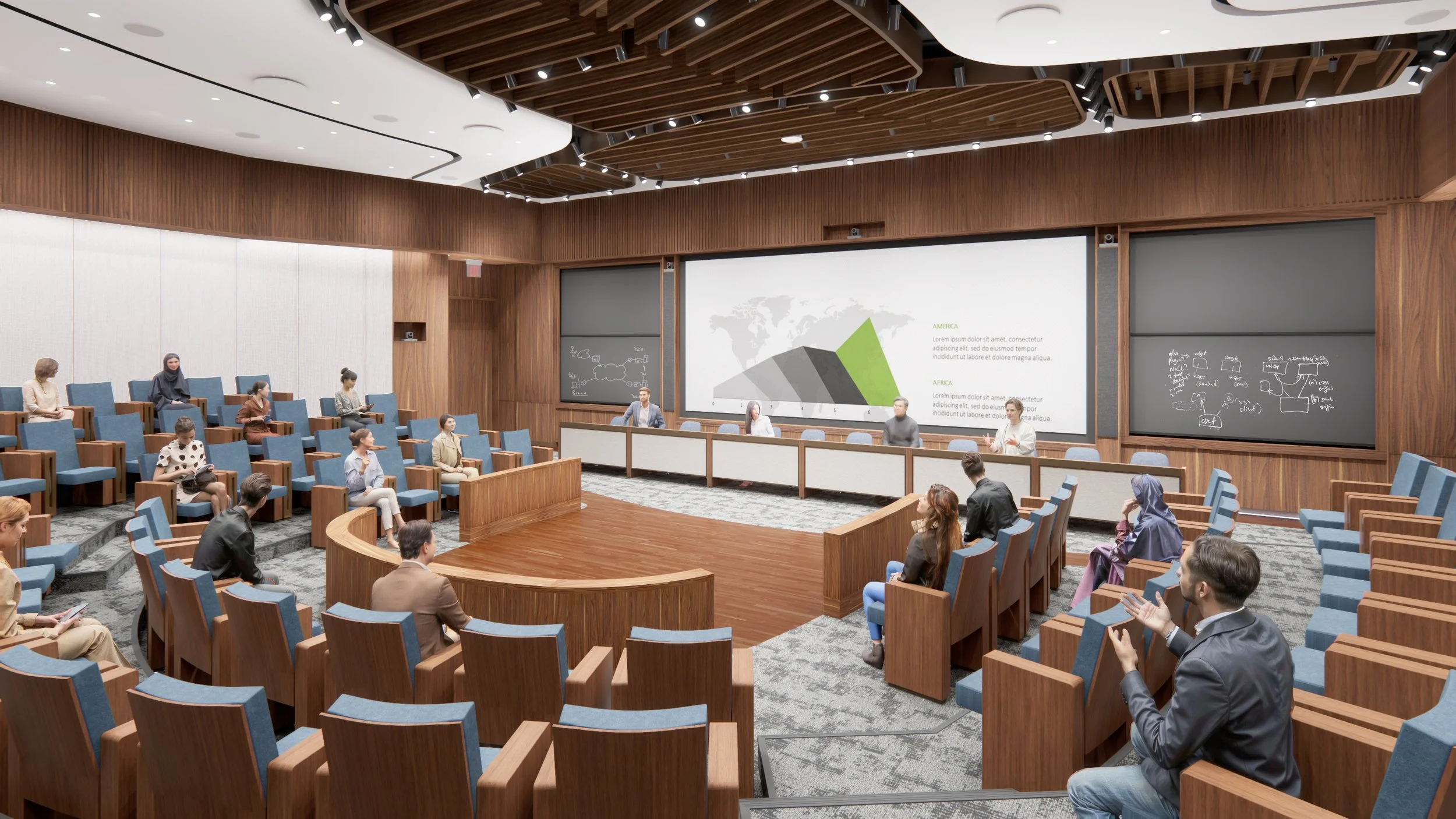 Audience View of the Auditorium Configured with (12) Seats at Symposium Table (Blackboards Shown)