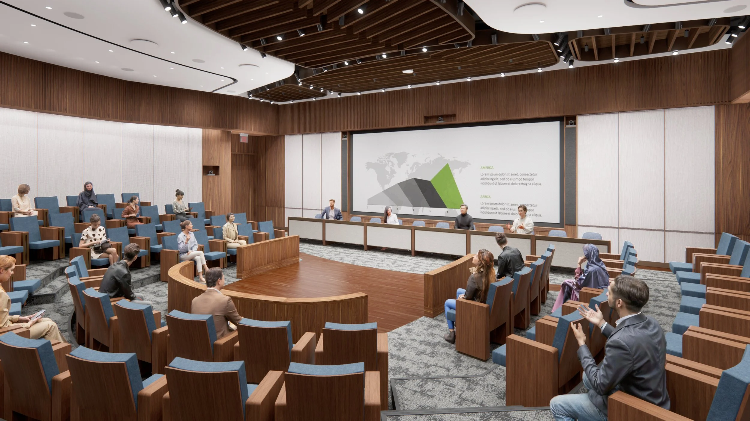 Audience View of the Auditorium Configured with (10) Lounge Seats for Symposium (Blackboard Concealed)