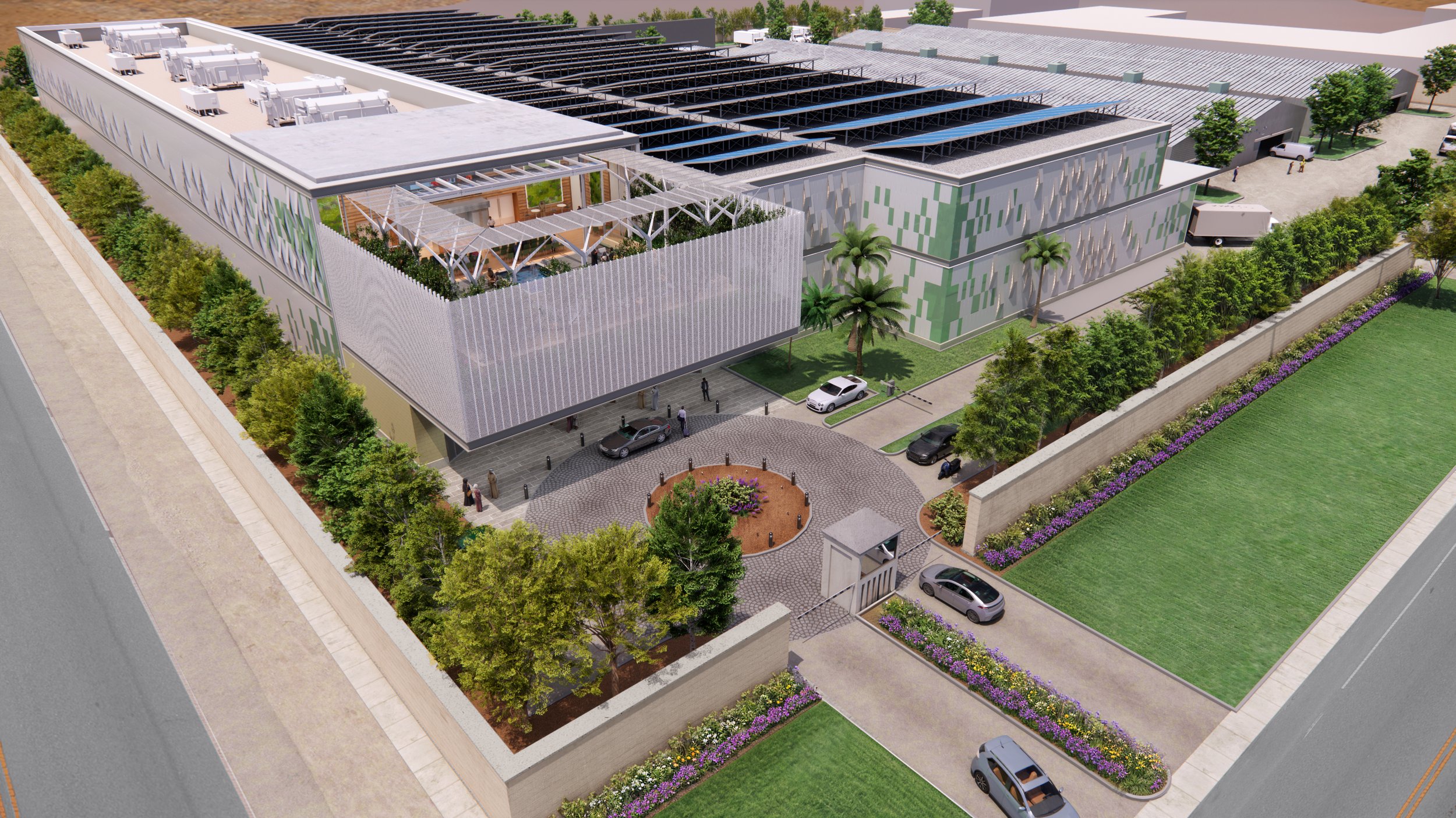 Aerial Day View of New Food Processing Facility and 2nd Floor Courtyard Visitor Oasis
