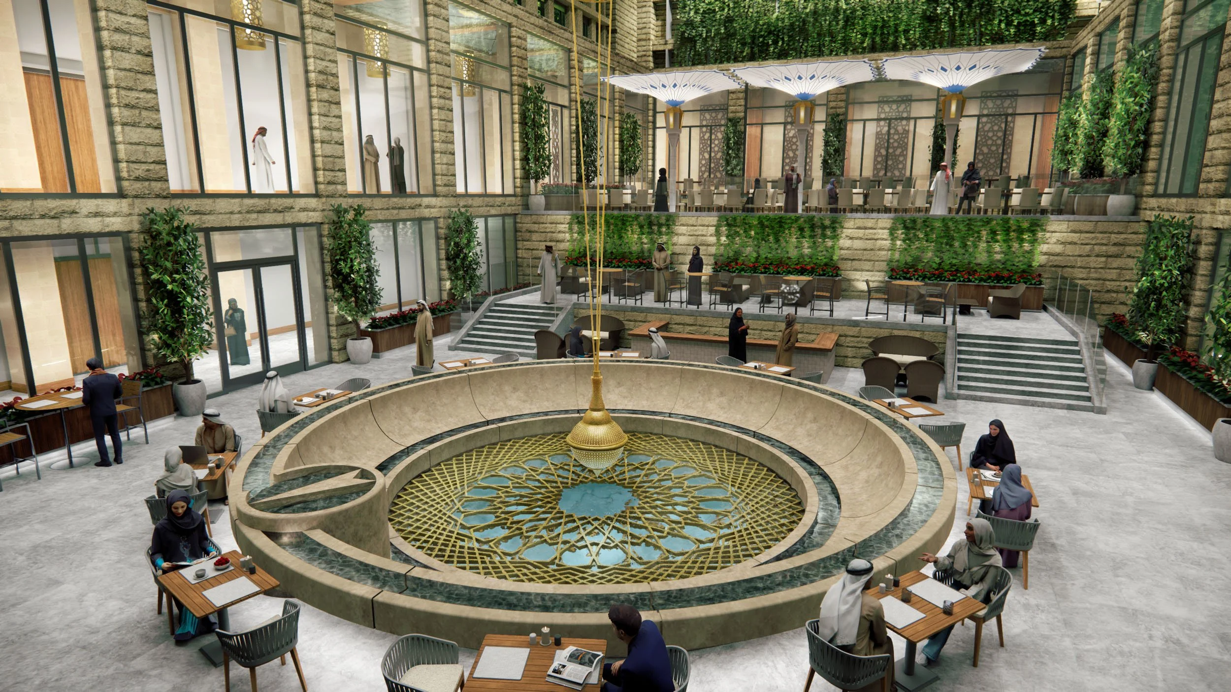 Detail View of Atrium Central Fountain with Foucault Pendulum and Glass Floor