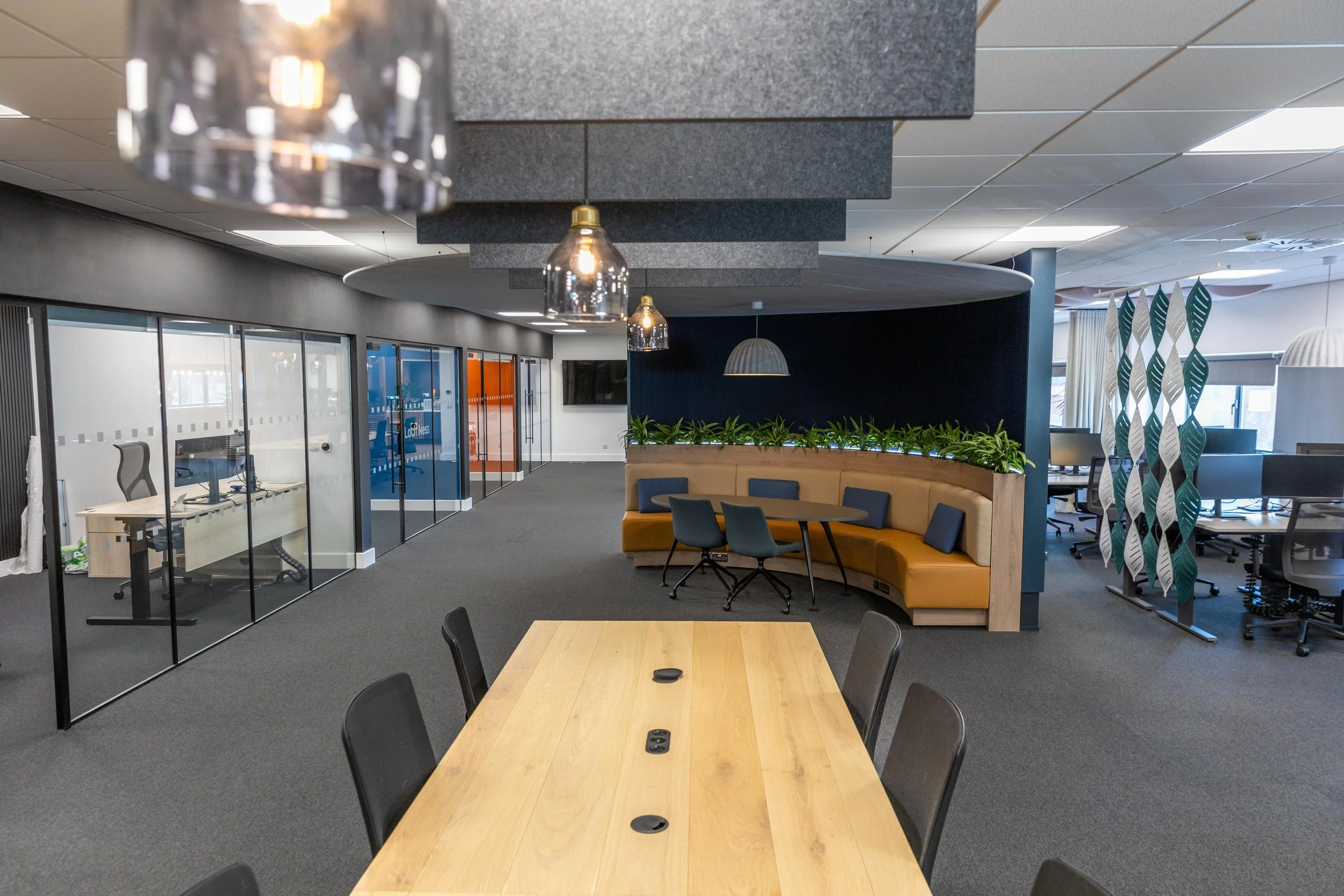 Modern office interior with conference table, chairs, glass-walled meeting rooms, and curved seating break out area with curved seating and green plants.