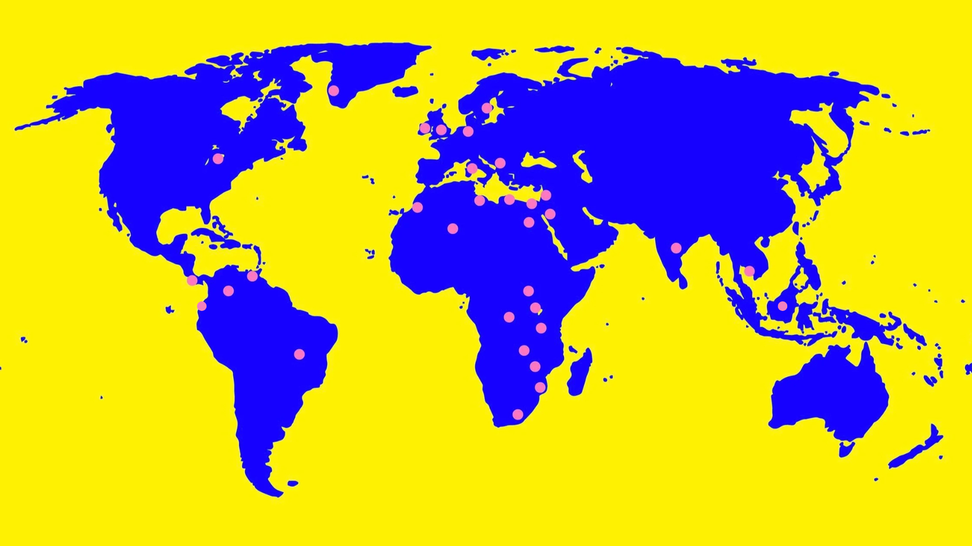 A map of the world with pink dots demonstrating where In Place of War has members of their Changemaker network.
