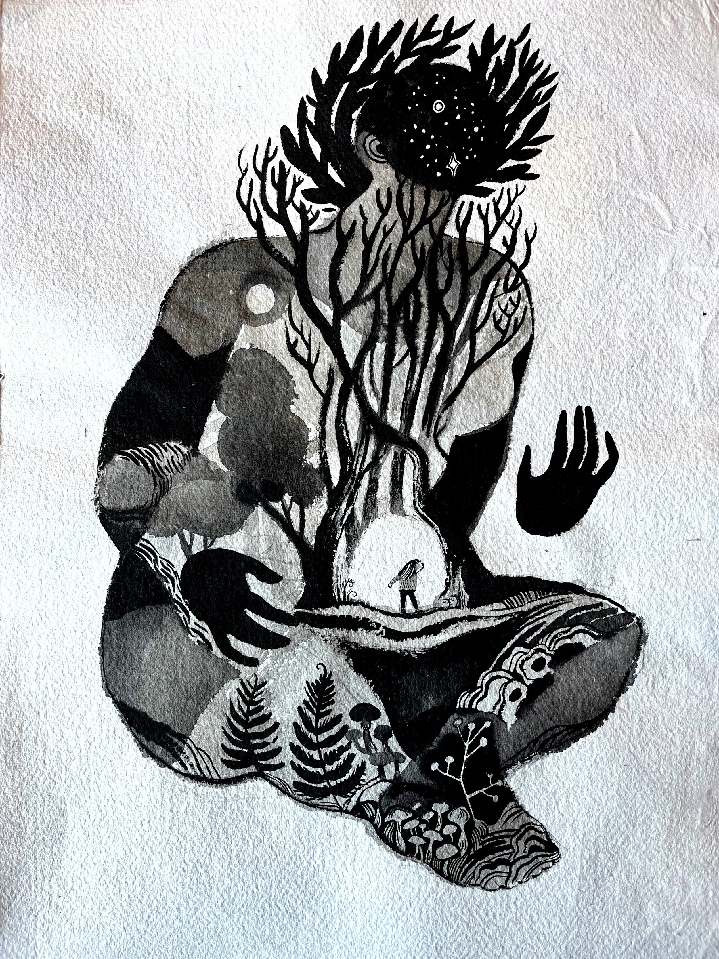 MEDITATION ON IMPERMANENCE // Candice Purwin with Charlotte Church // 2024 // Ink on hand-made paper, framed // 30 x 42 cm