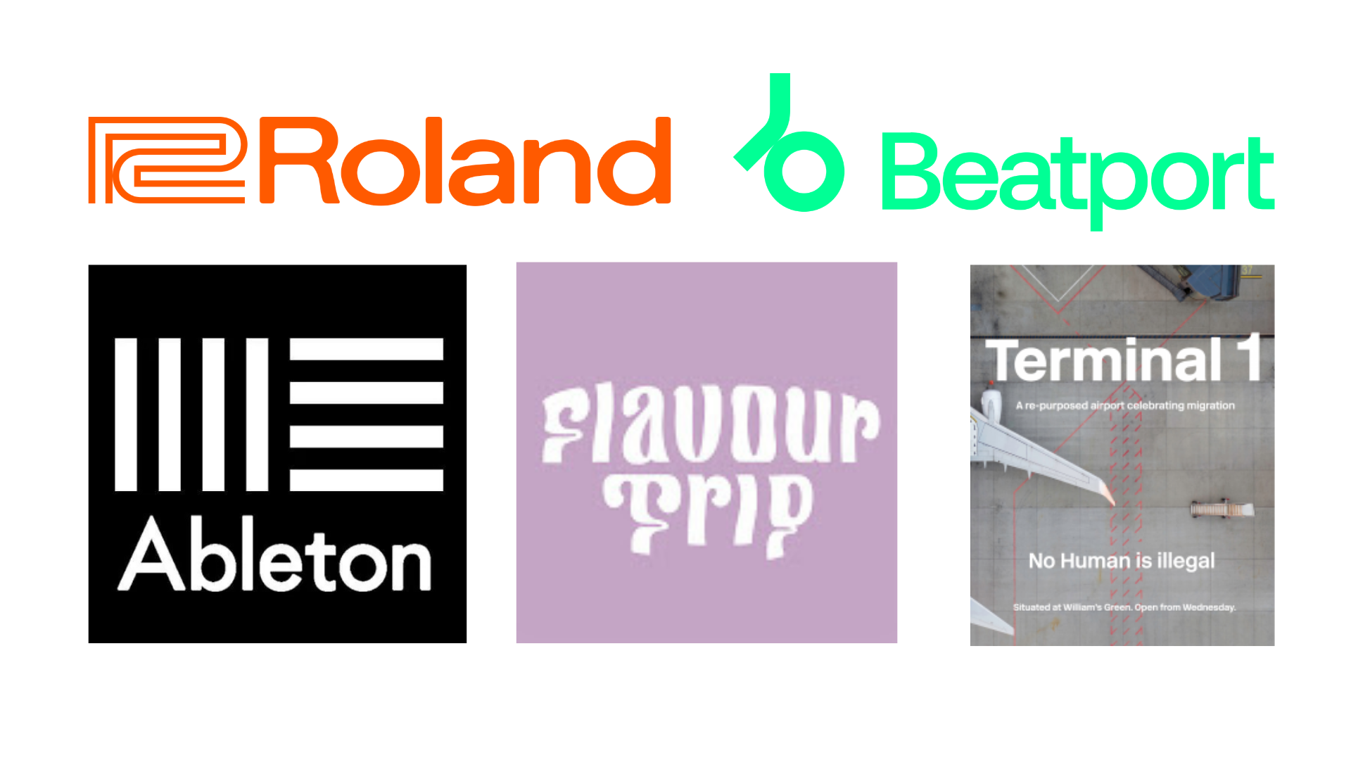 Logos for Roland, Beatport, Ableton, Flavour Trip and Terminal 1