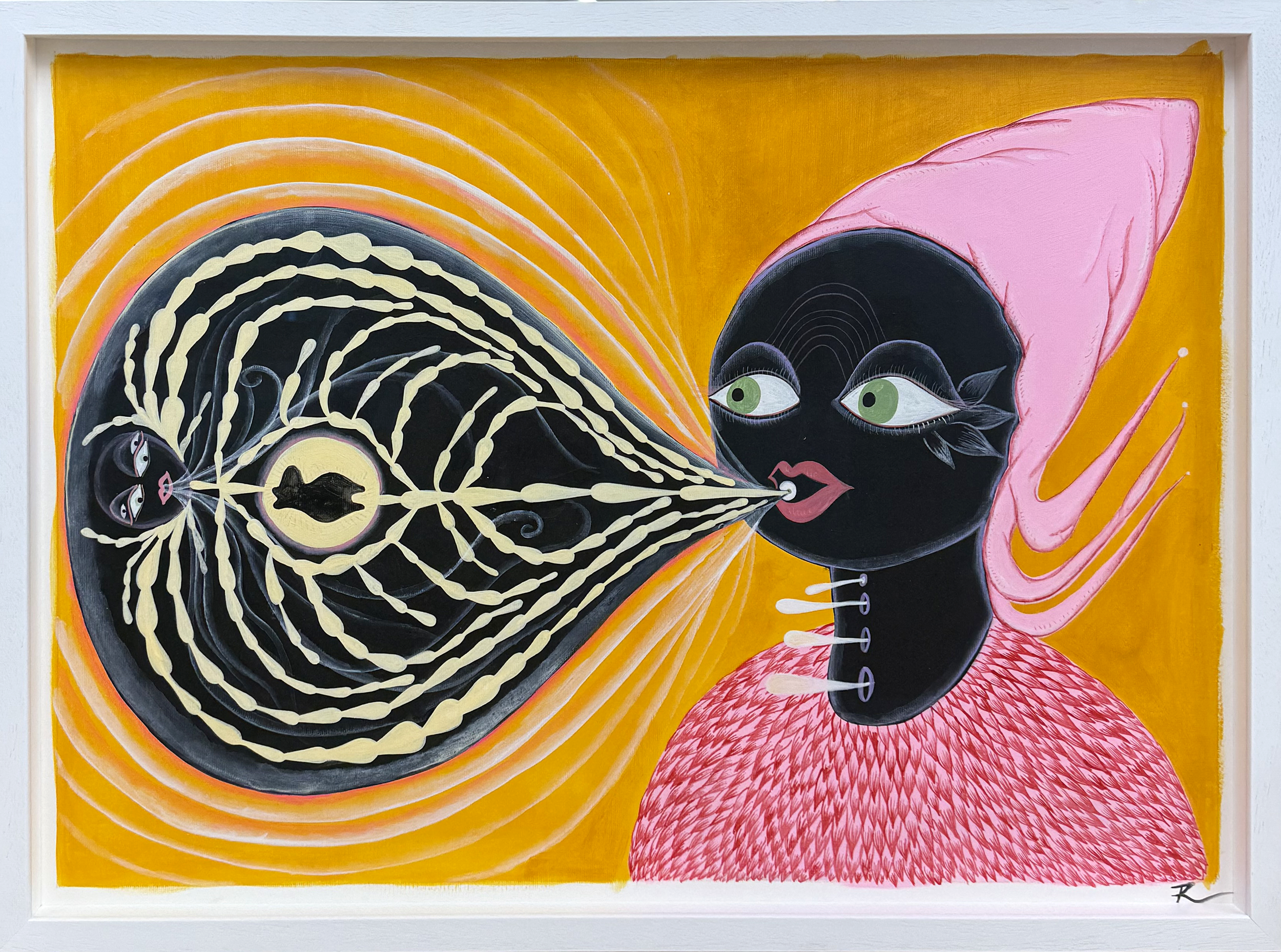 BONE-DANCE AND THE IMPOSSIBLE SOUND // Rithika Pandey with Matthew Herbert // 2024 // Acrylic on cold-pressed Fabriano
paper, framed // 50 x 70 cm