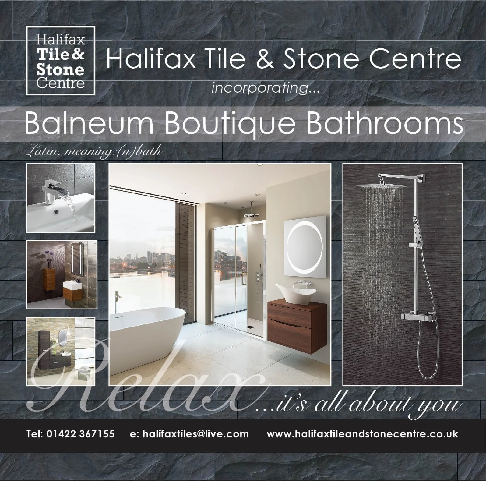Advertisement for Halifax Tile & Stone Centre promoting Balneum Boutique Bathrooms with images of modern bathroom fixtures, including bathtub, shower, sink, mirror, and vanity, and contact information at the bottom.