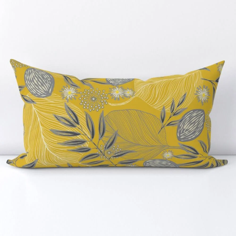 Grey mustard woodland Extra long lumbar throw pillow cover bygaylemccabe