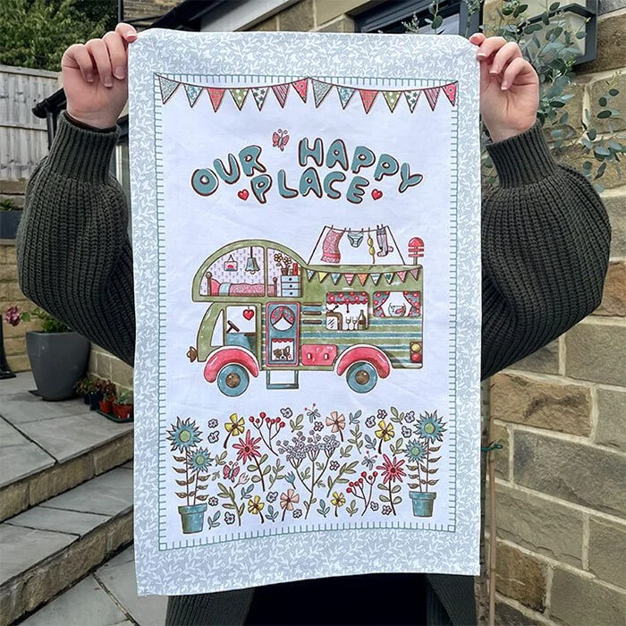 Motorhome tea towel with floral bunting flags