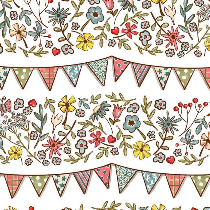 Tea towel with bunting flags and flowers