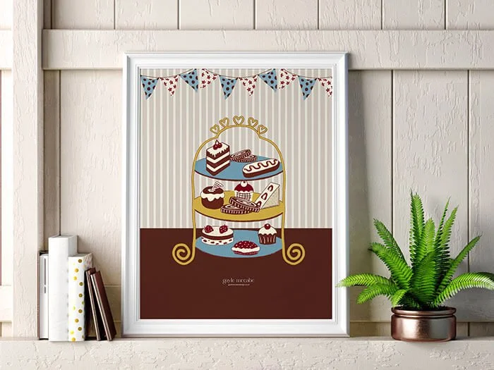 Cute vintage cake stand wall print