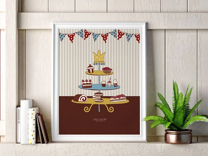 Cake stand with bunting wall print