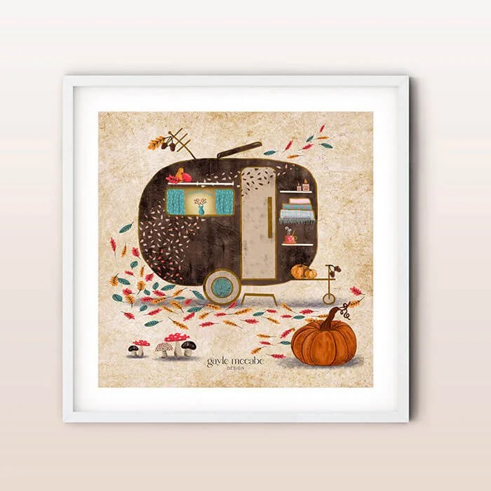 whimsical caravan autumn leaves wall art