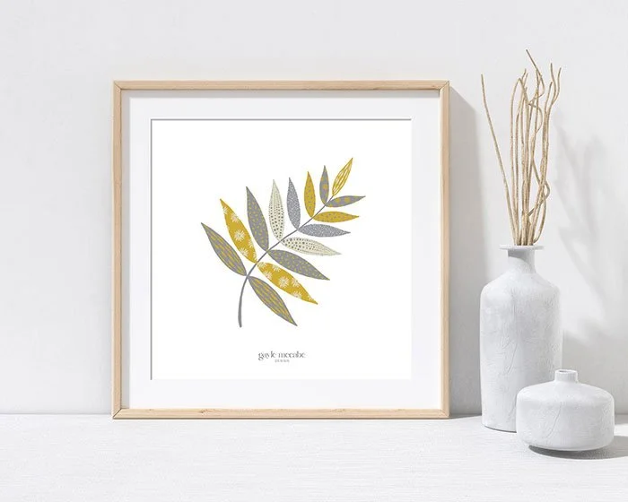 Contemporary Grey Mustard Patterned Leaf Wall Art Print
