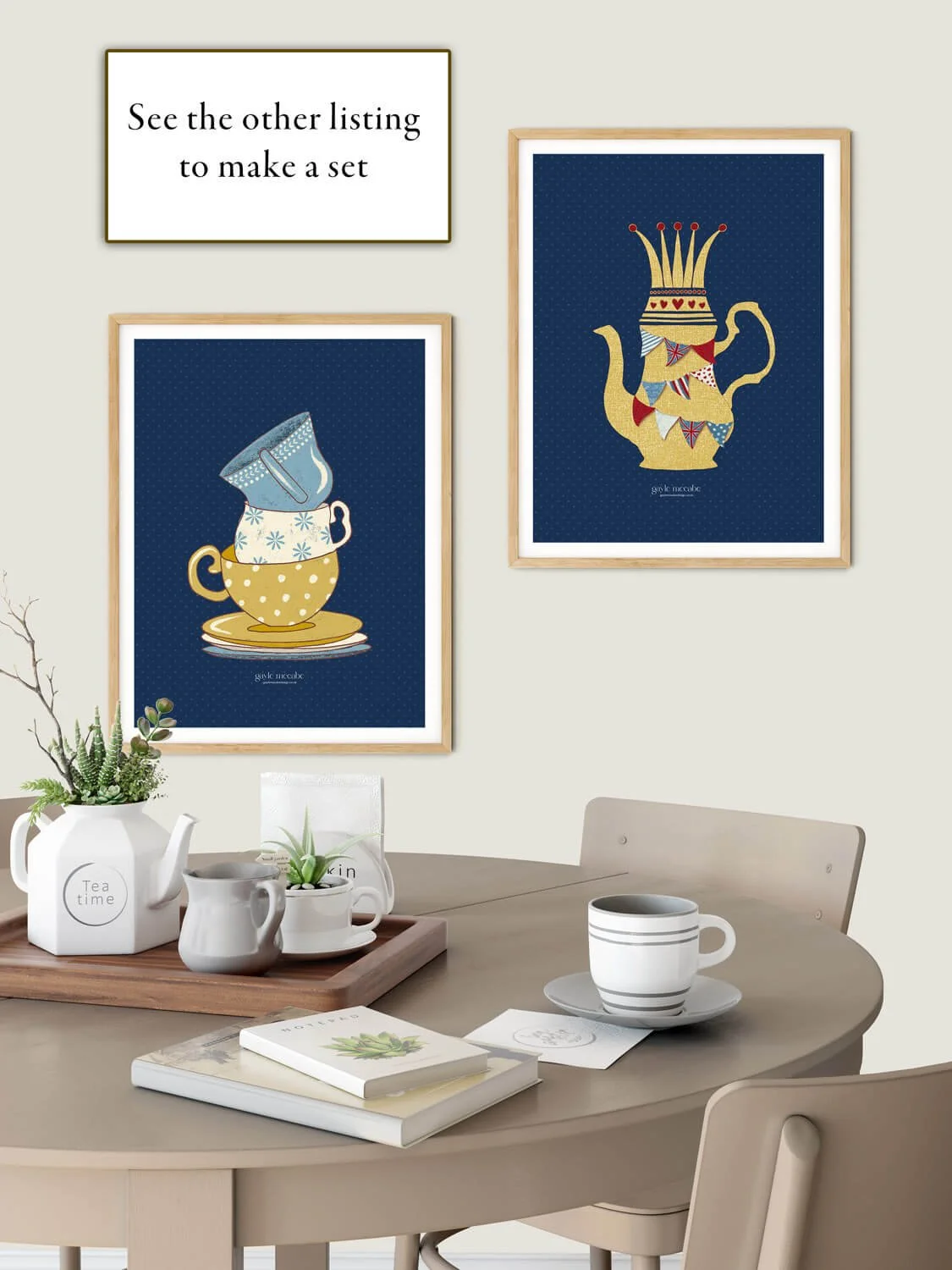 Coronation collection pair of wall prints featuring teacups and teapot with bunting flags and ditsy print