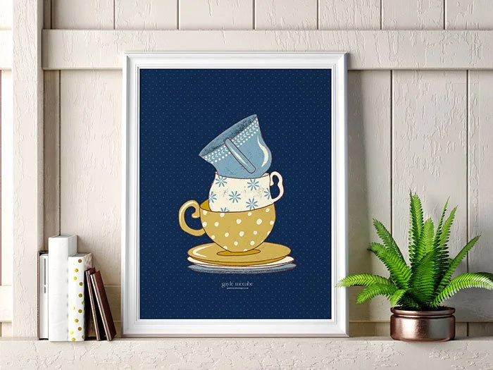 polka dots teacups stacked wall print