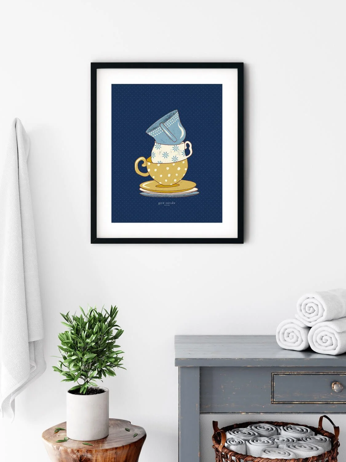 vintage teacups and saucers stacked wall print