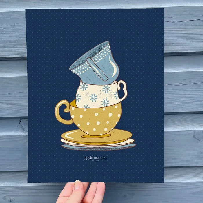 vintage style cafe art saucers wall poster