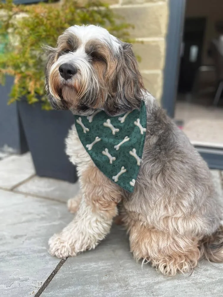 Dog bones dust and scratch moss green Fabric by gayle mccabe