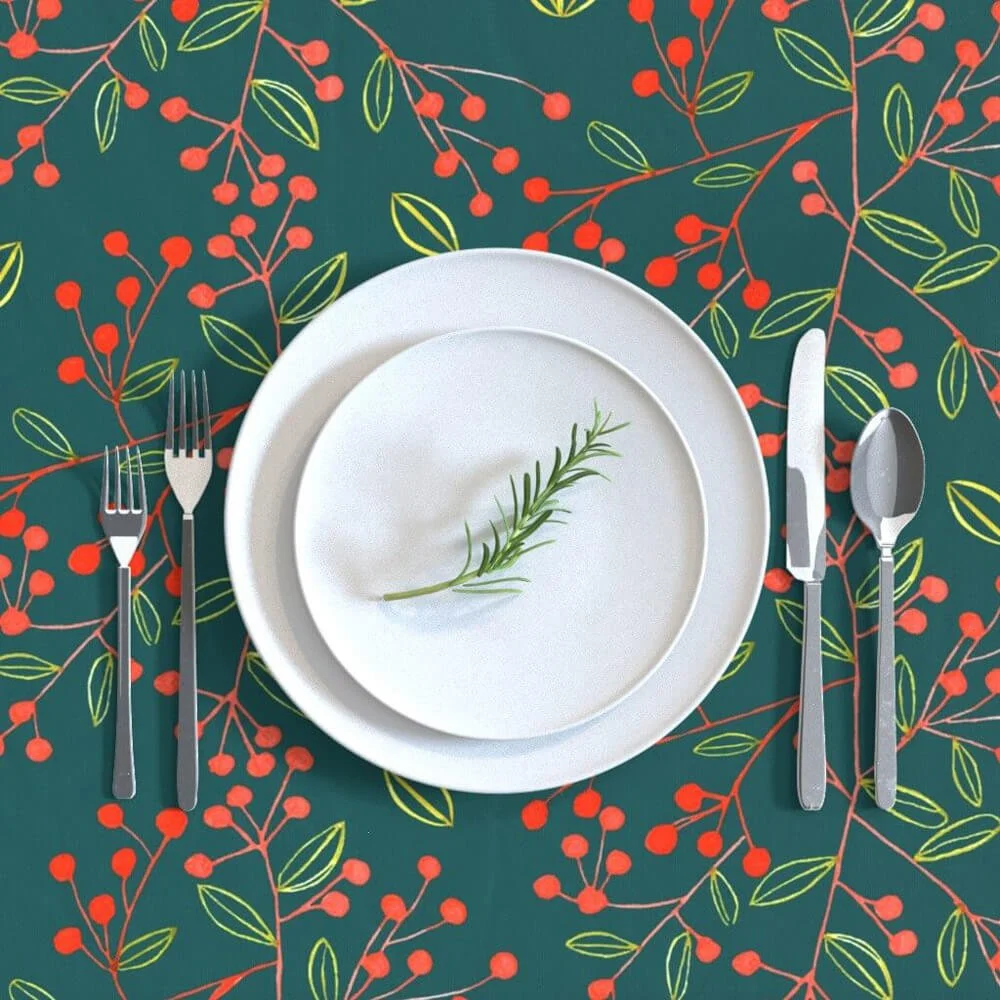 Pretty red berries on solid dark green Rectangular Tablecloth bygaylemccabe