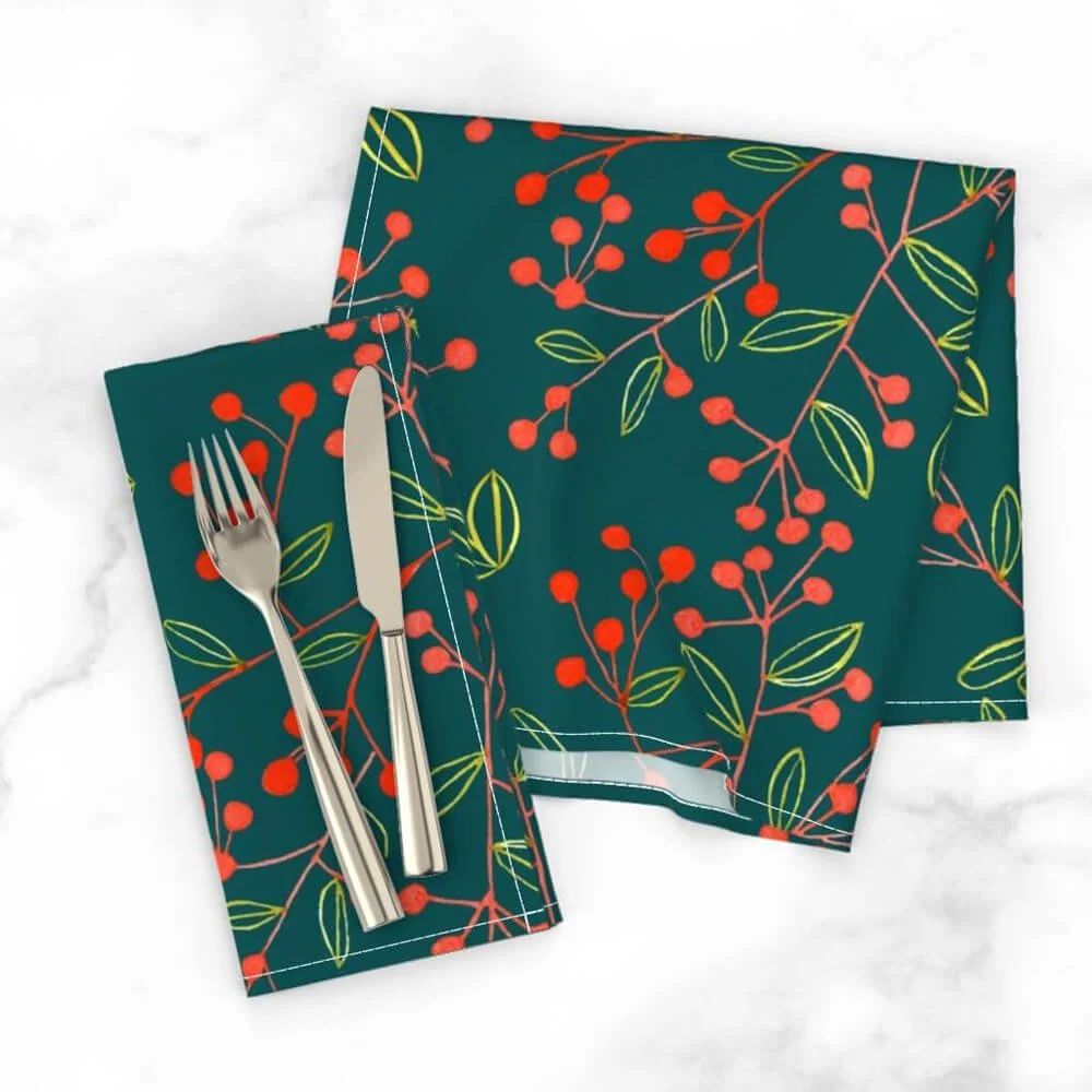 Pretty red berries on solid dark green Dinner Napkins bygaylemccabe