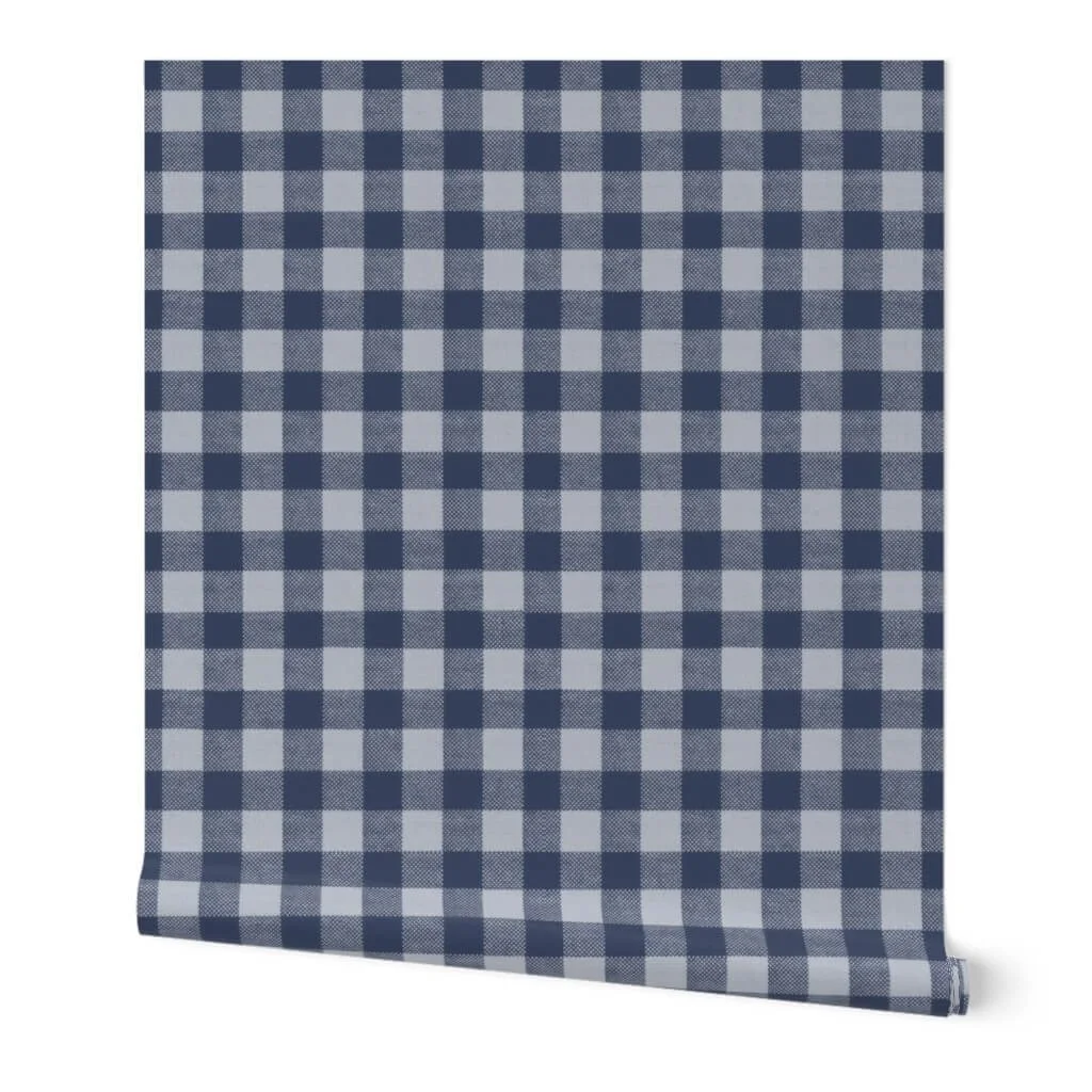 Denim blue gingham check plaid wallpaper