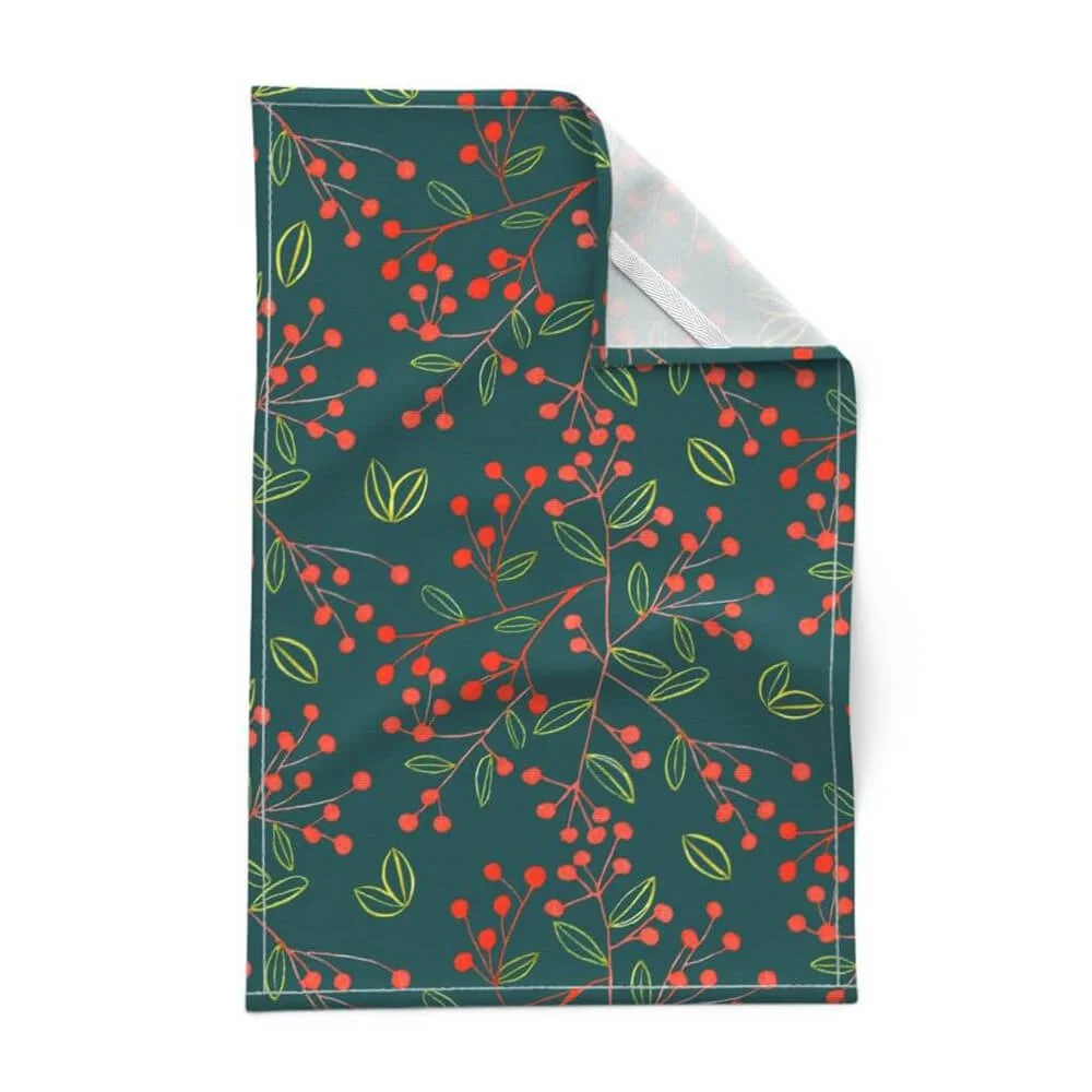 Pretty red berries on solid dark green Tea Towel bygaylemccabe
