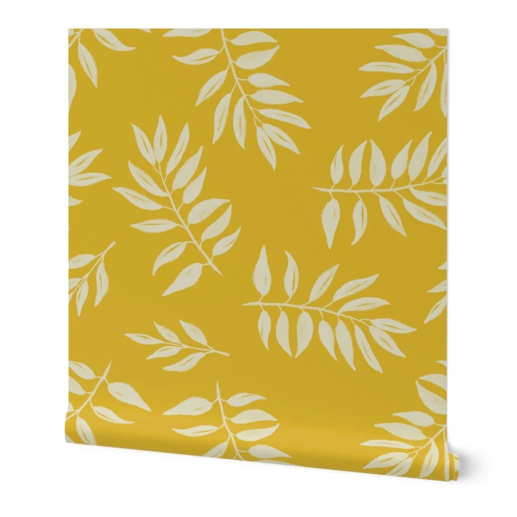 Mustard yellow with cream leaves wallpaper