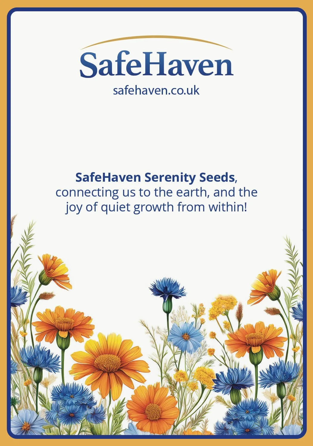 Package of SafeHaven Serenity Seeds with colorful orange, yellow, and blue flowers at the bottom.