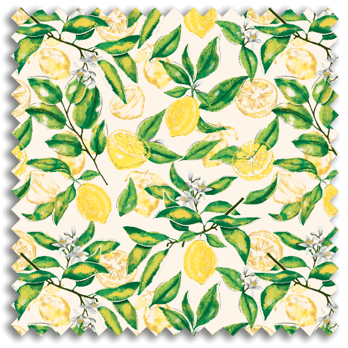 Pattern of lemon branches with yellow lemons, green leaves, and white flowers on a white background.