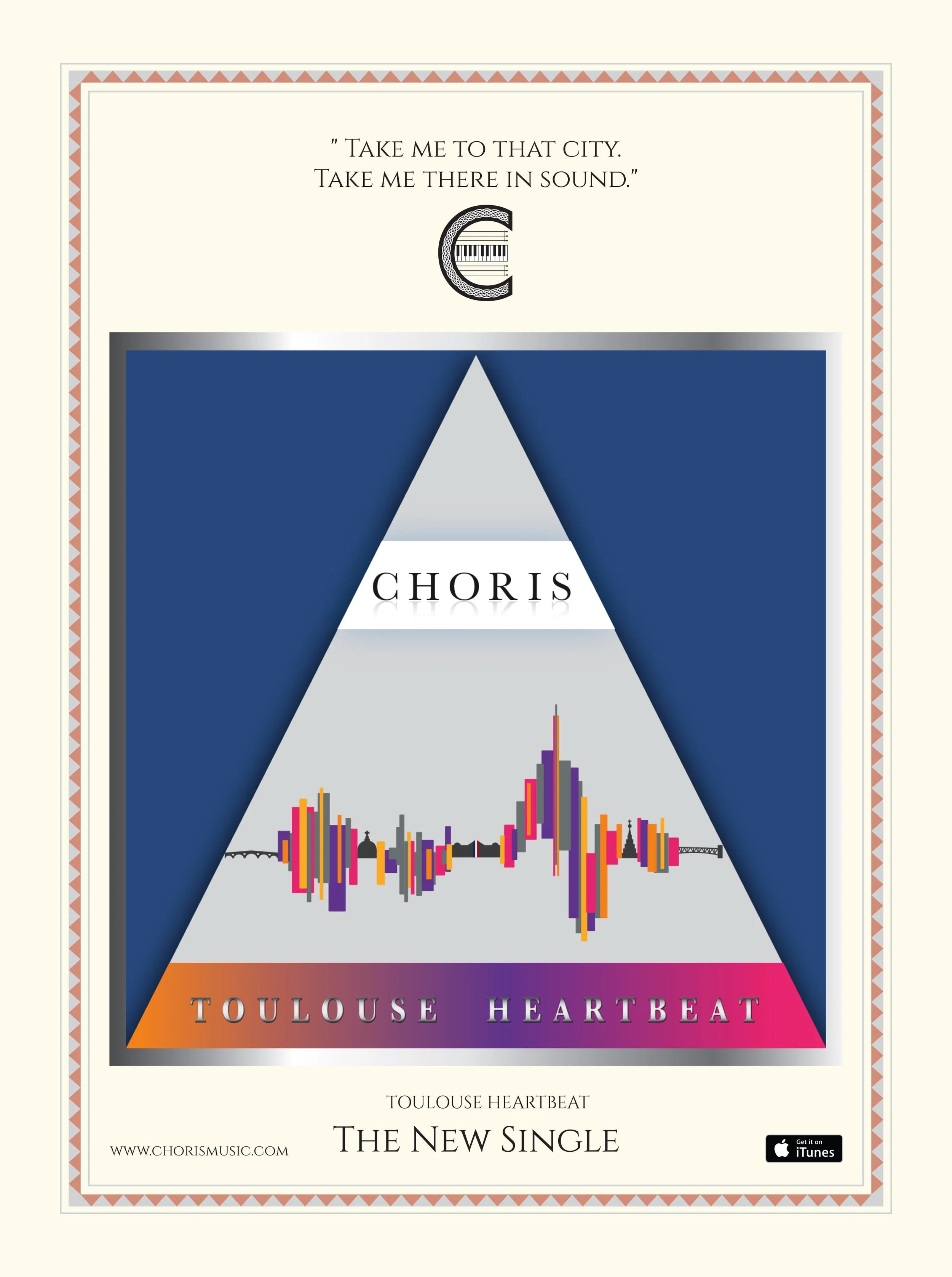 Music poster for the single "Toulouse Heartbeat" by Choris, featuring a triangle design with colorful soundwave, and text promoting the new single available on iTunes.
