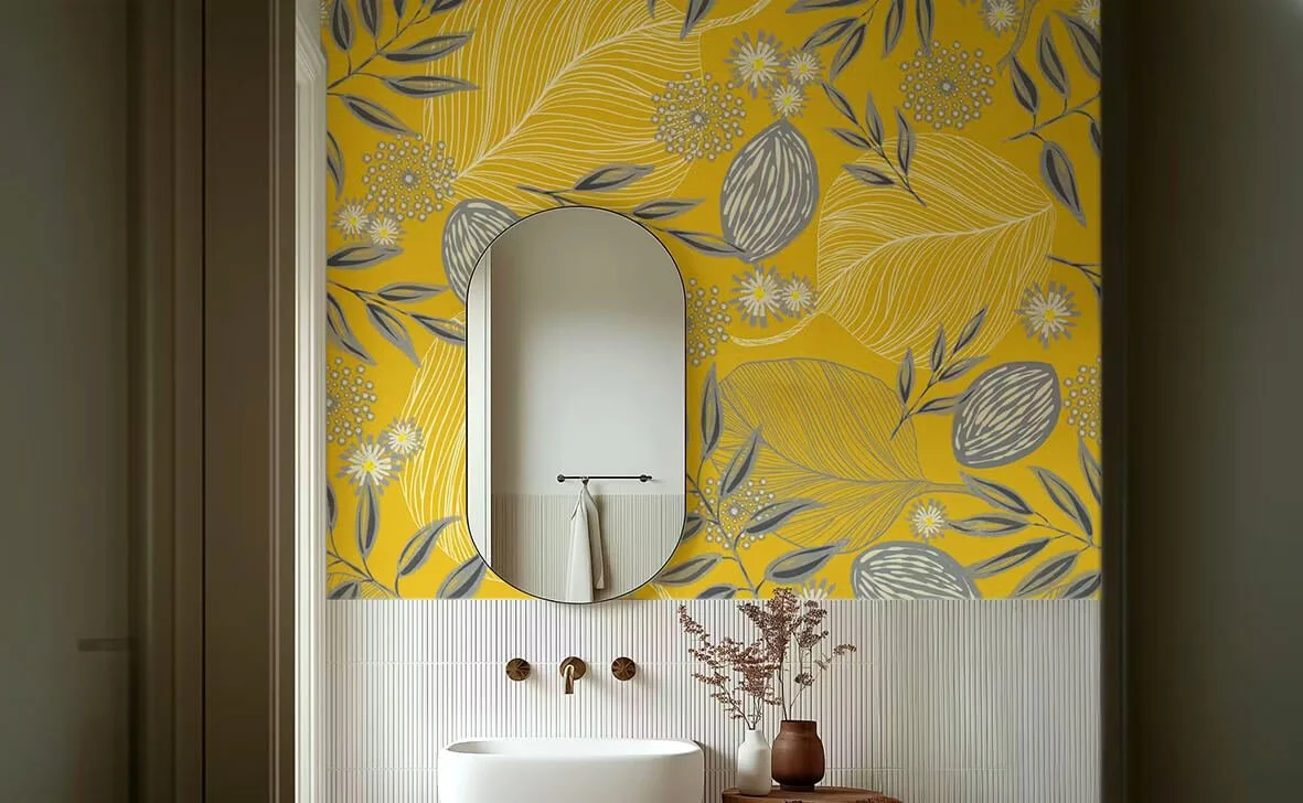 Modern botanical mustard grey woodland leaves