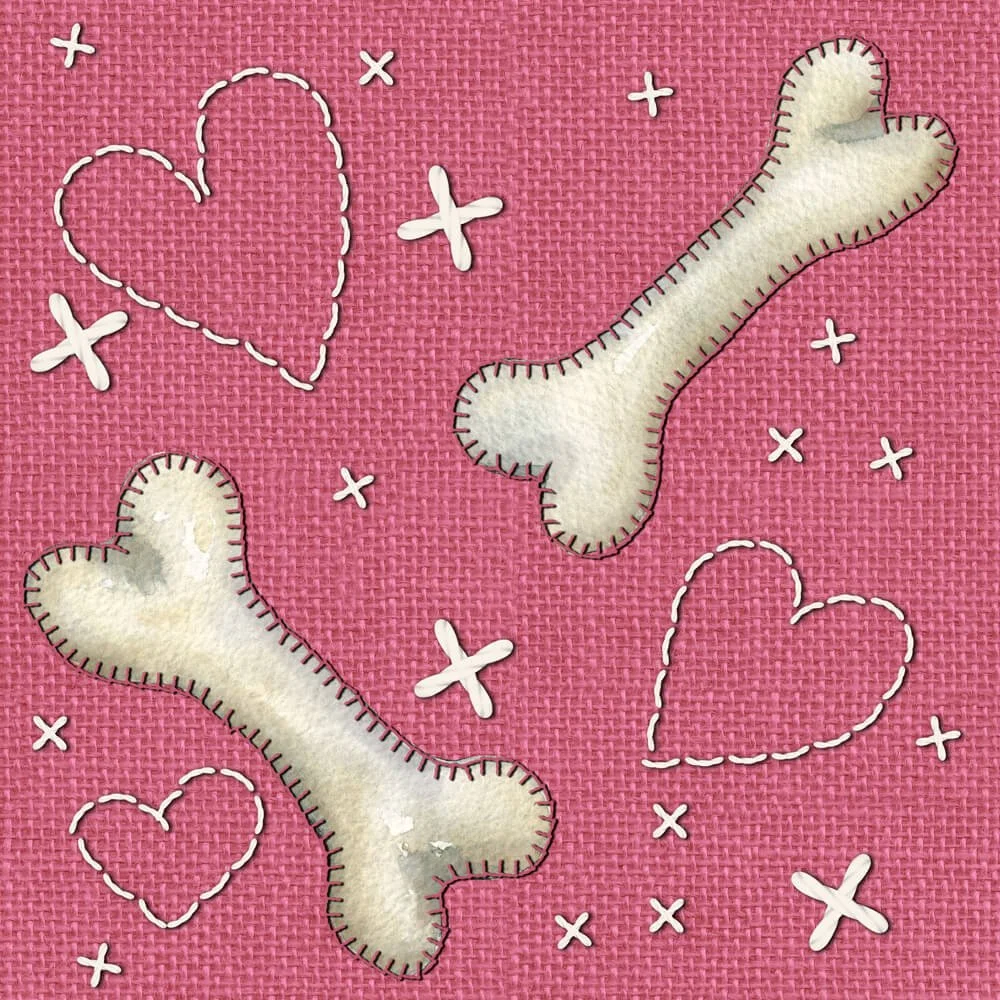 Dog Bones Hearts Stitch Pink Fabric by gayle mccabe