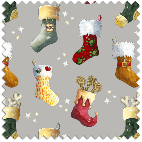 Grey background with dog Christmas stockings