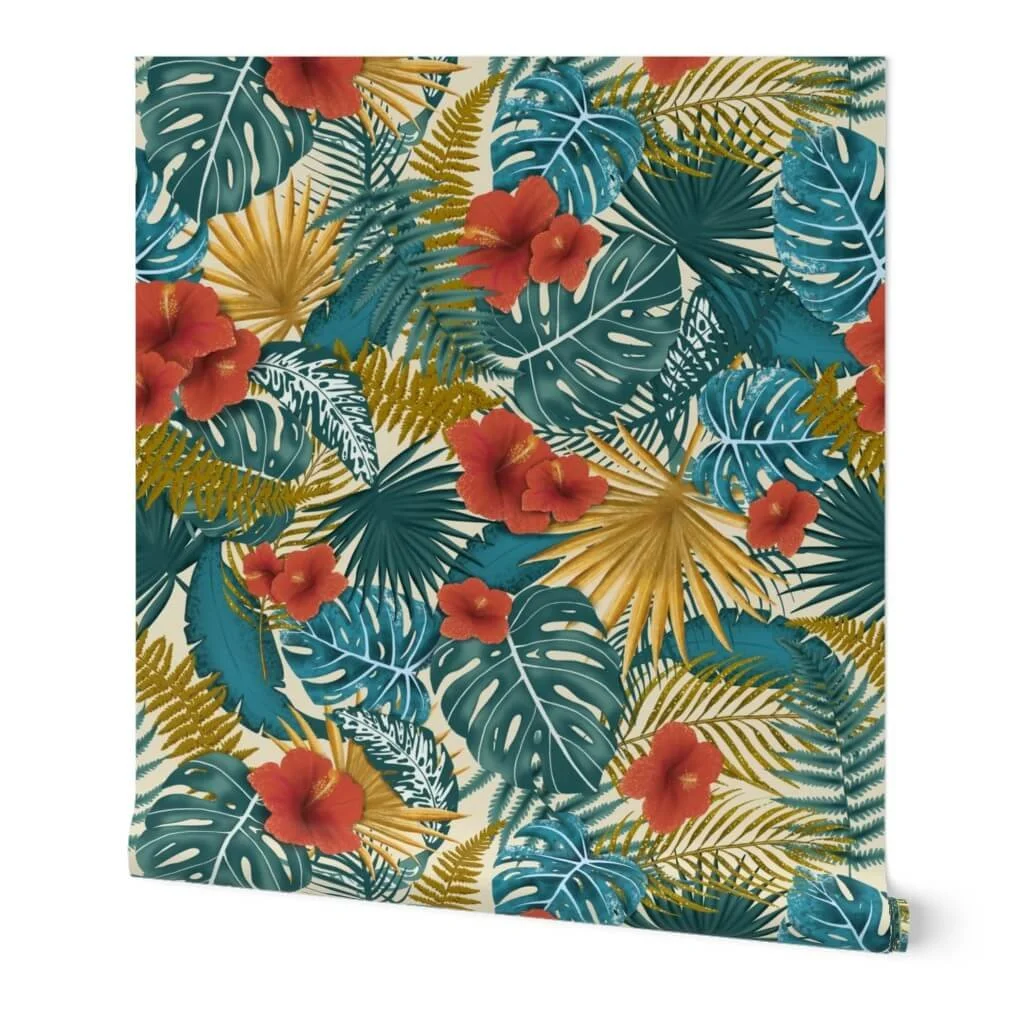 Jungle monstera palm leaves in deep teal rich red & gold