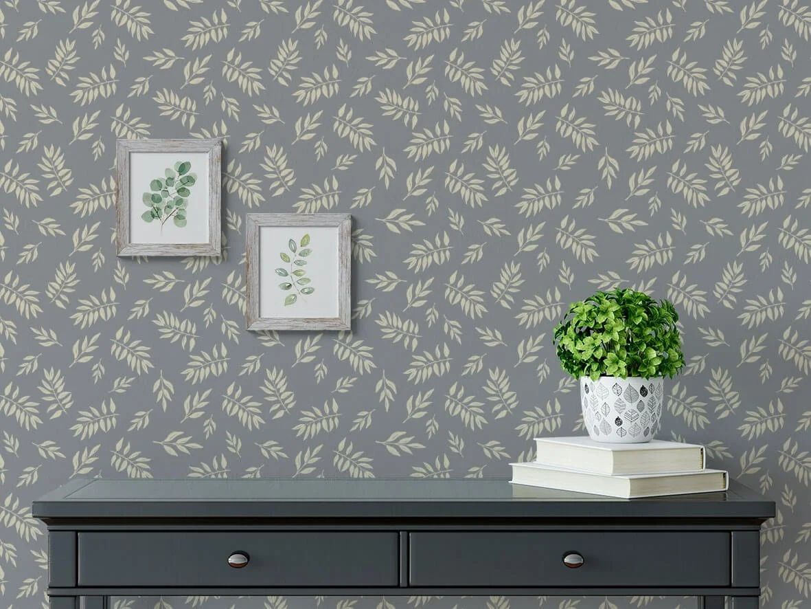 Grey wallpaper with botanical cream leaves