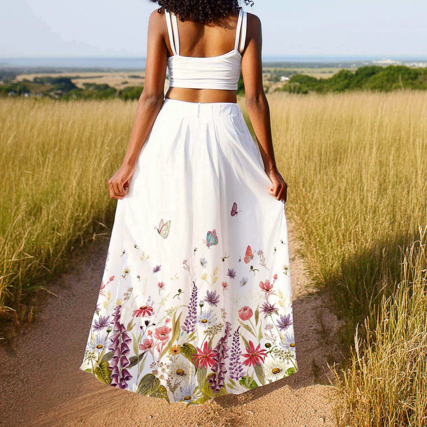 White skirt with floral border and butterflies