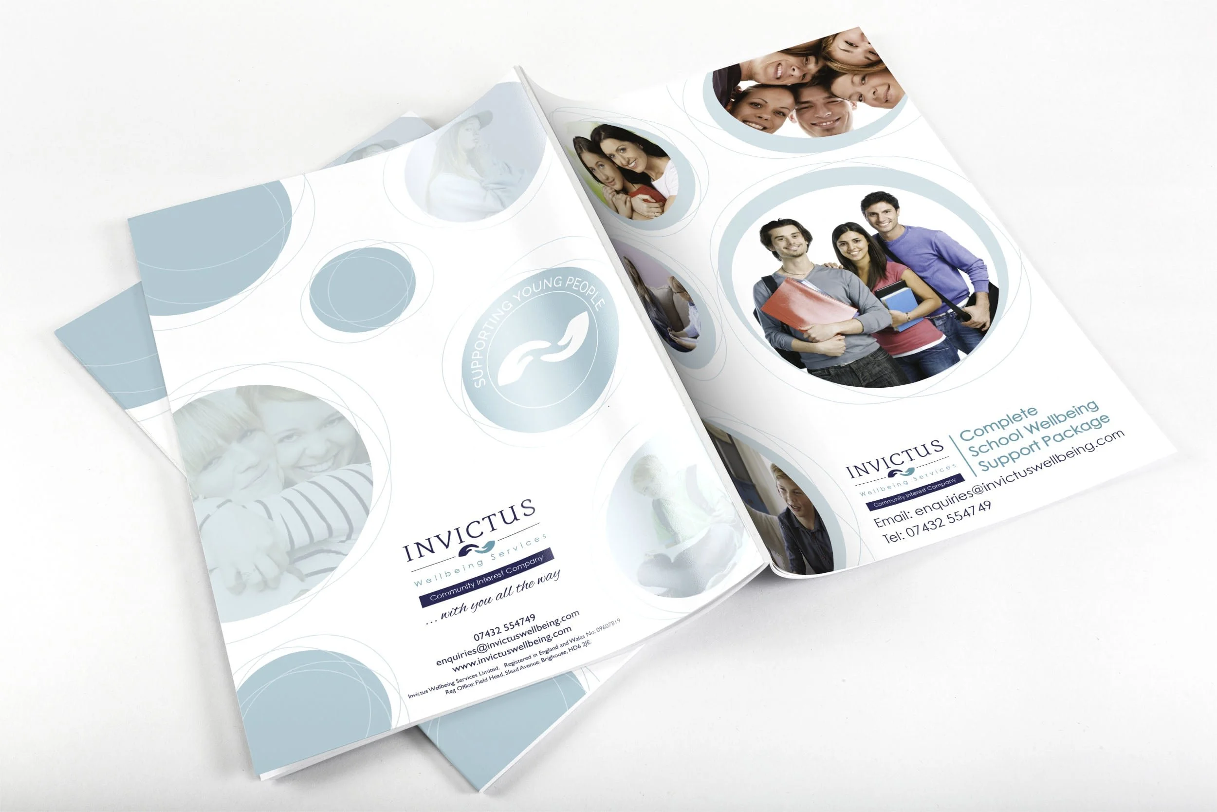 Brochure for Invictus Wellbeing Services featuring happy young people and contact information.
