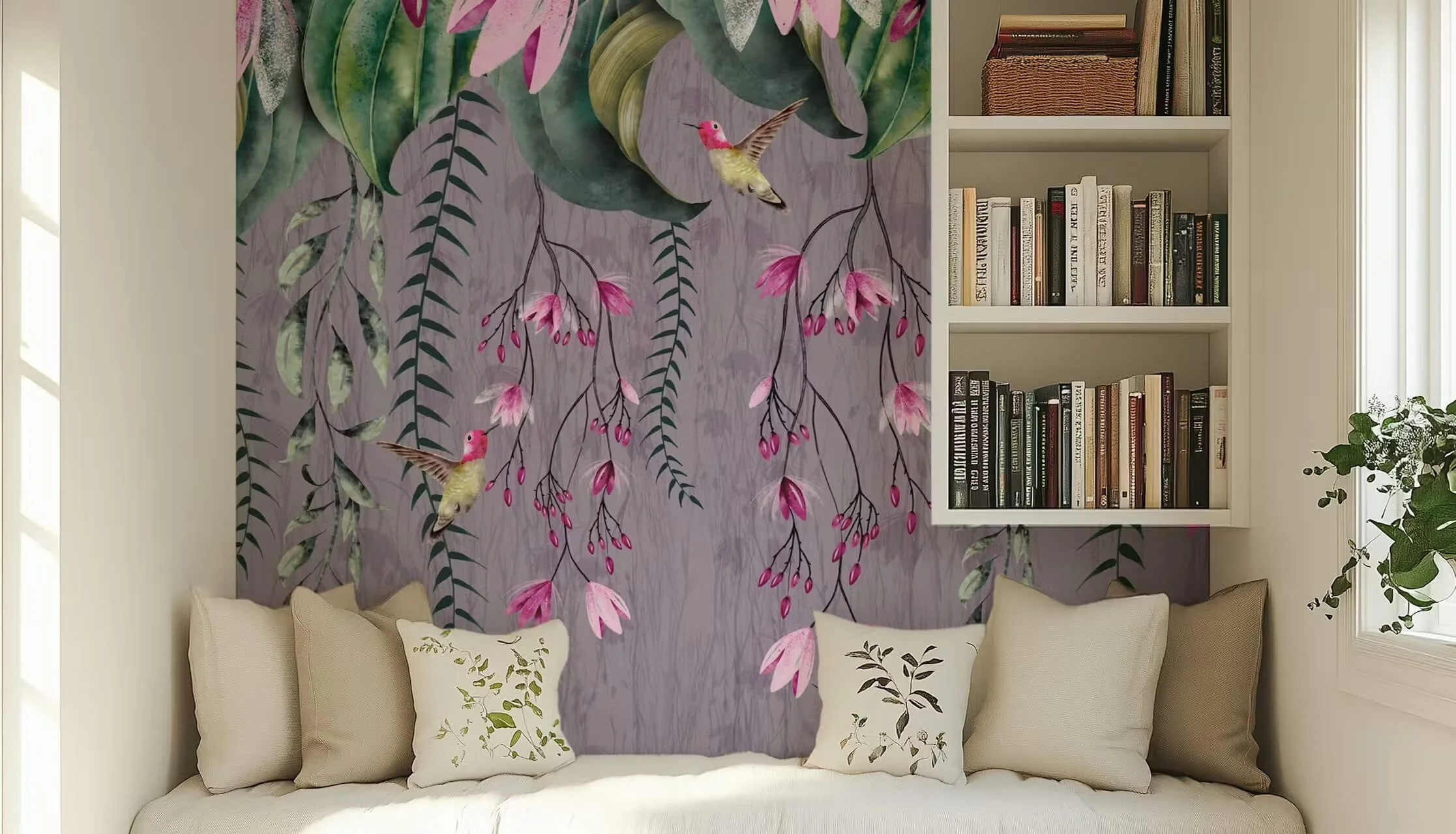 Cosy snug reading room with exotic vines and hummingbird wallpaper