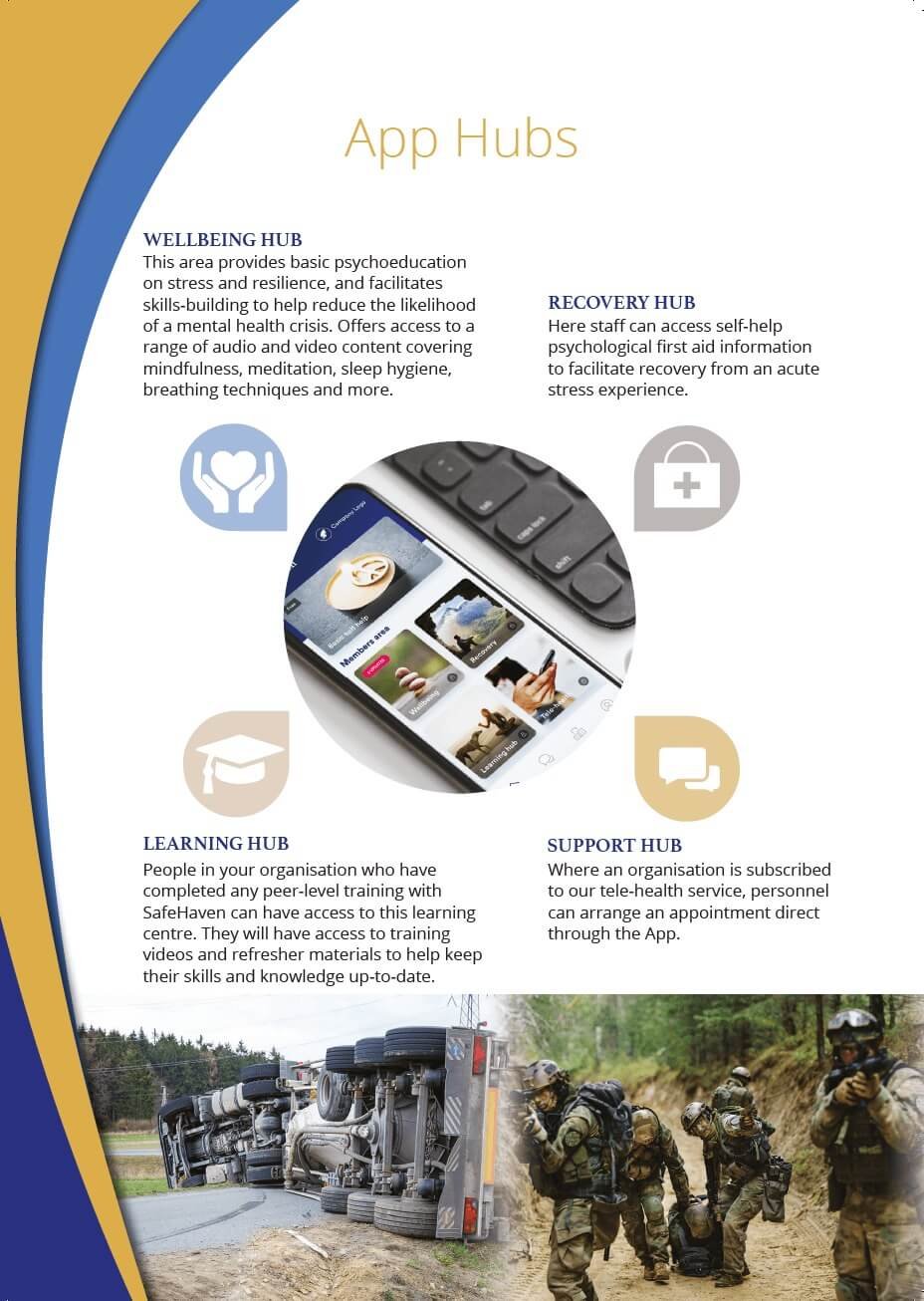 An informational poster titled 'App Hubs' with four sections: Wellbeing Hub describing stress reduction tools, Recovery Hub offering self-help psychological information, Learning Hub for peer training access, and Support Hub for appointment schedulin