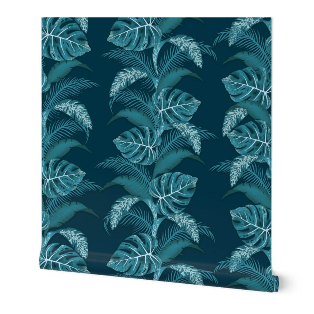 Botanical jungle tropical leaf vines in teal & dark blue