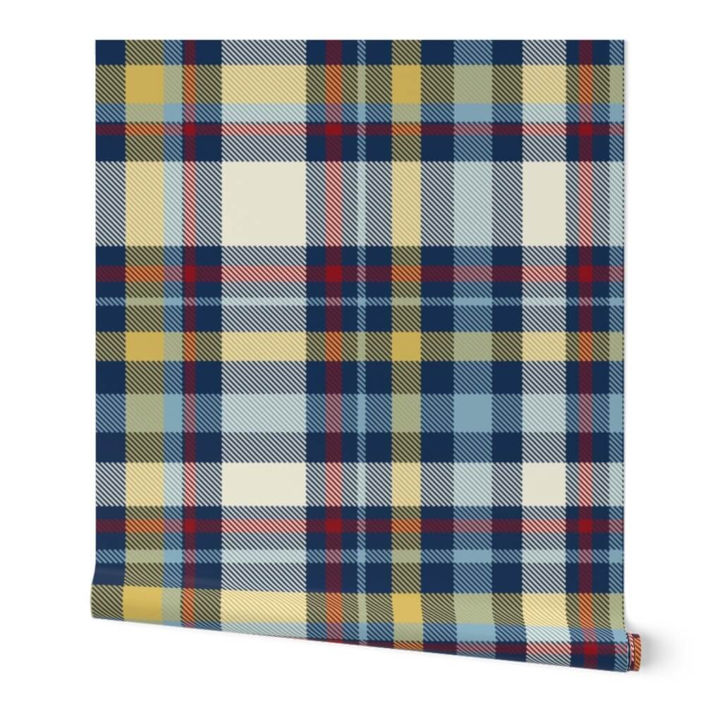 Dark blue, gold and red tartan plaid wallpaper