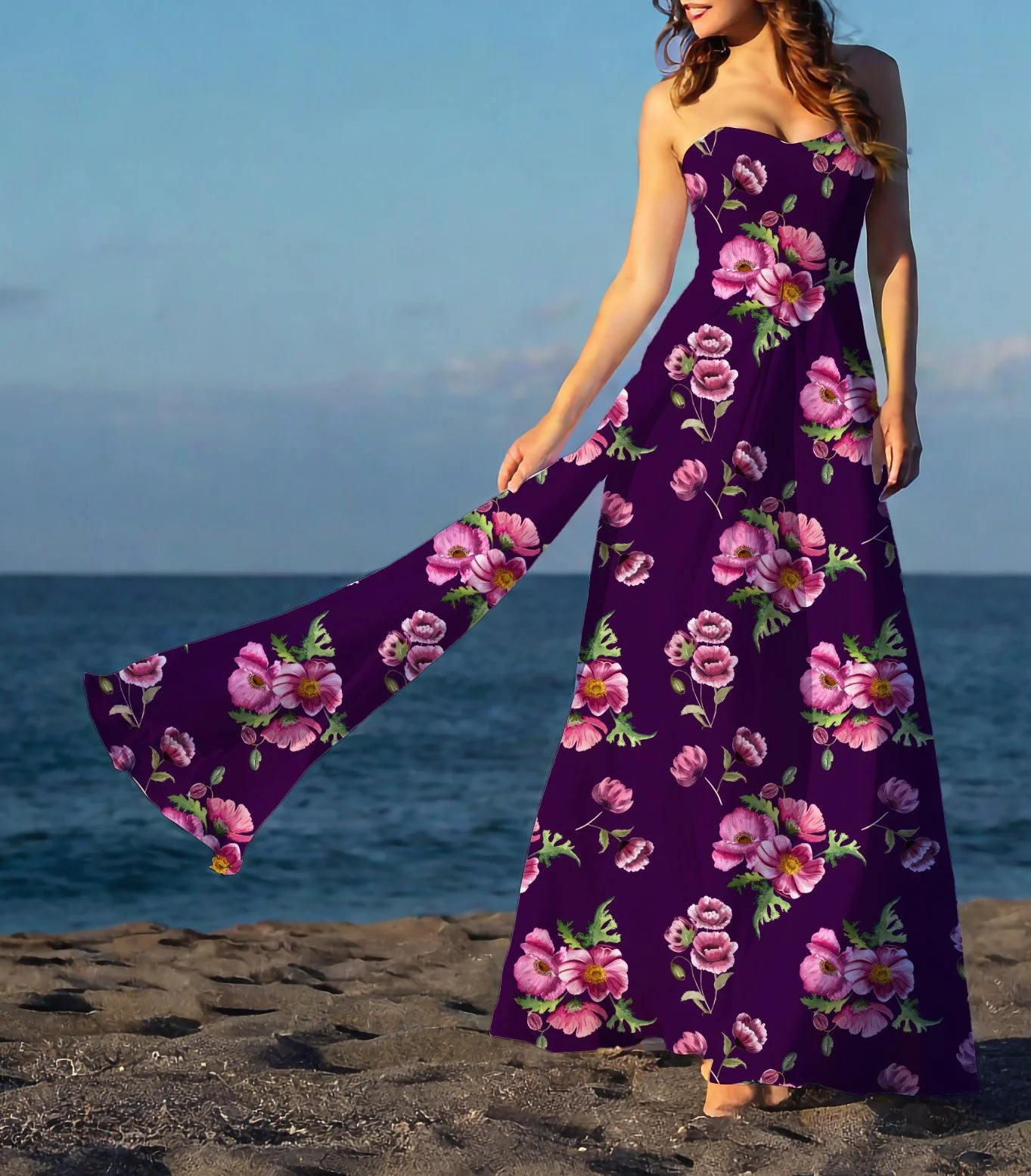 Pink poppies on dark purple background sleeveless dress