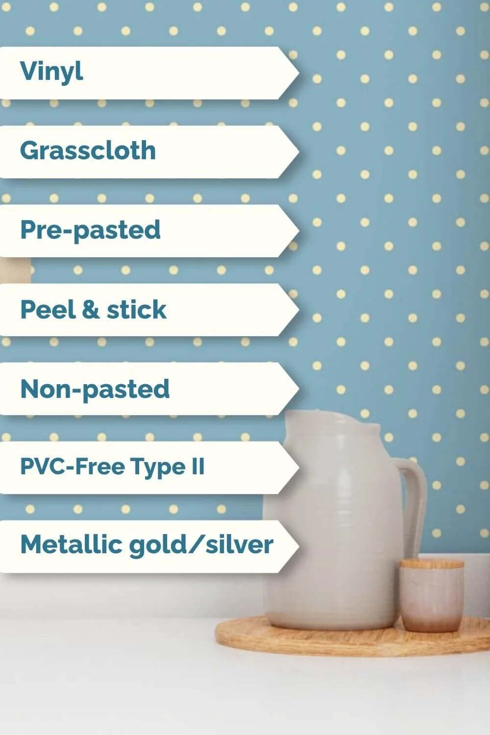 Peel & stick, pre-pasted, PVC-Free Type II, non-pasted, vinyl, grasscloth, metallic gold or silver wallpaper.